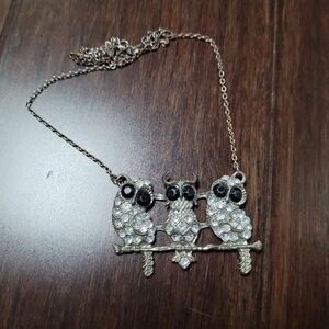Whimsical Silver and Black Owl Necklace with Sparkling Accents